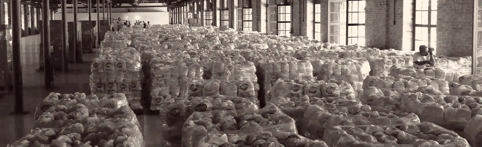 Galpão da Ação da Cidadania cheio de sacolas de alimentos prontas para a distribuição.